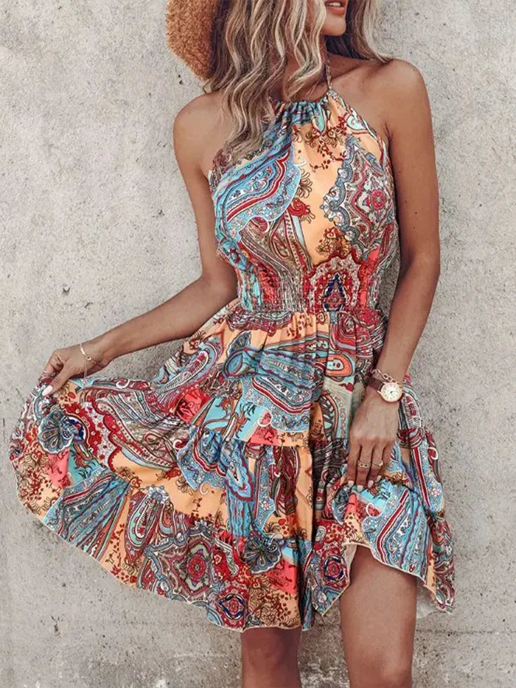 Sexy Summer Sleeveless Mini Dress with Irregular Print