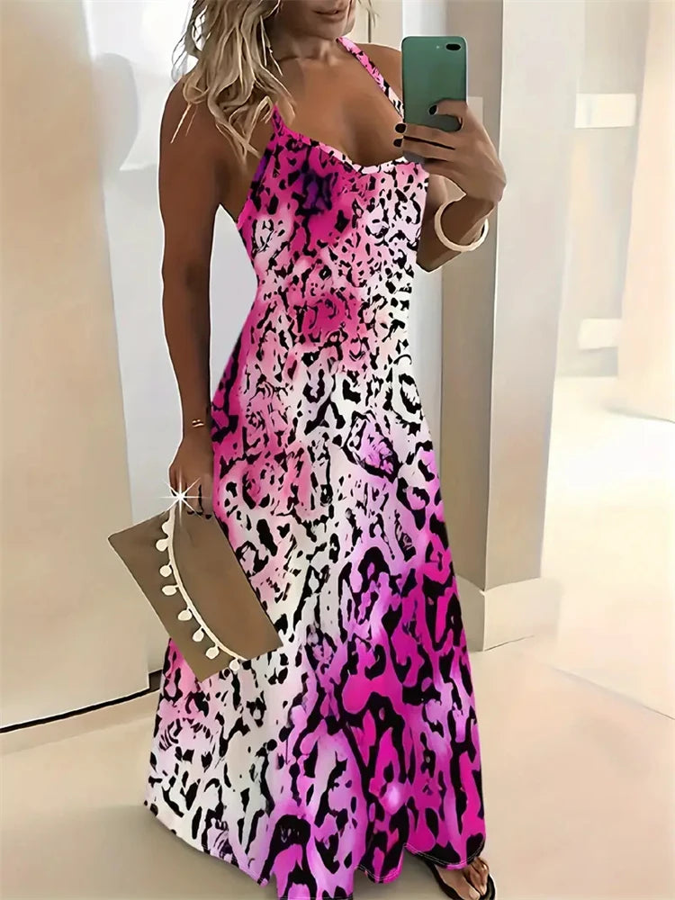 Women’s Summer Sleeveless Retro Strap Dress – Casual 3D Texture Print