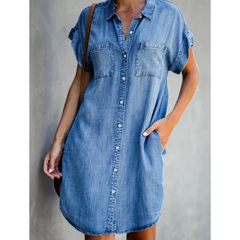 Women’s Casual Denim Shirt Dress – Summer Loose Fit Button-Down Dress with Pockets