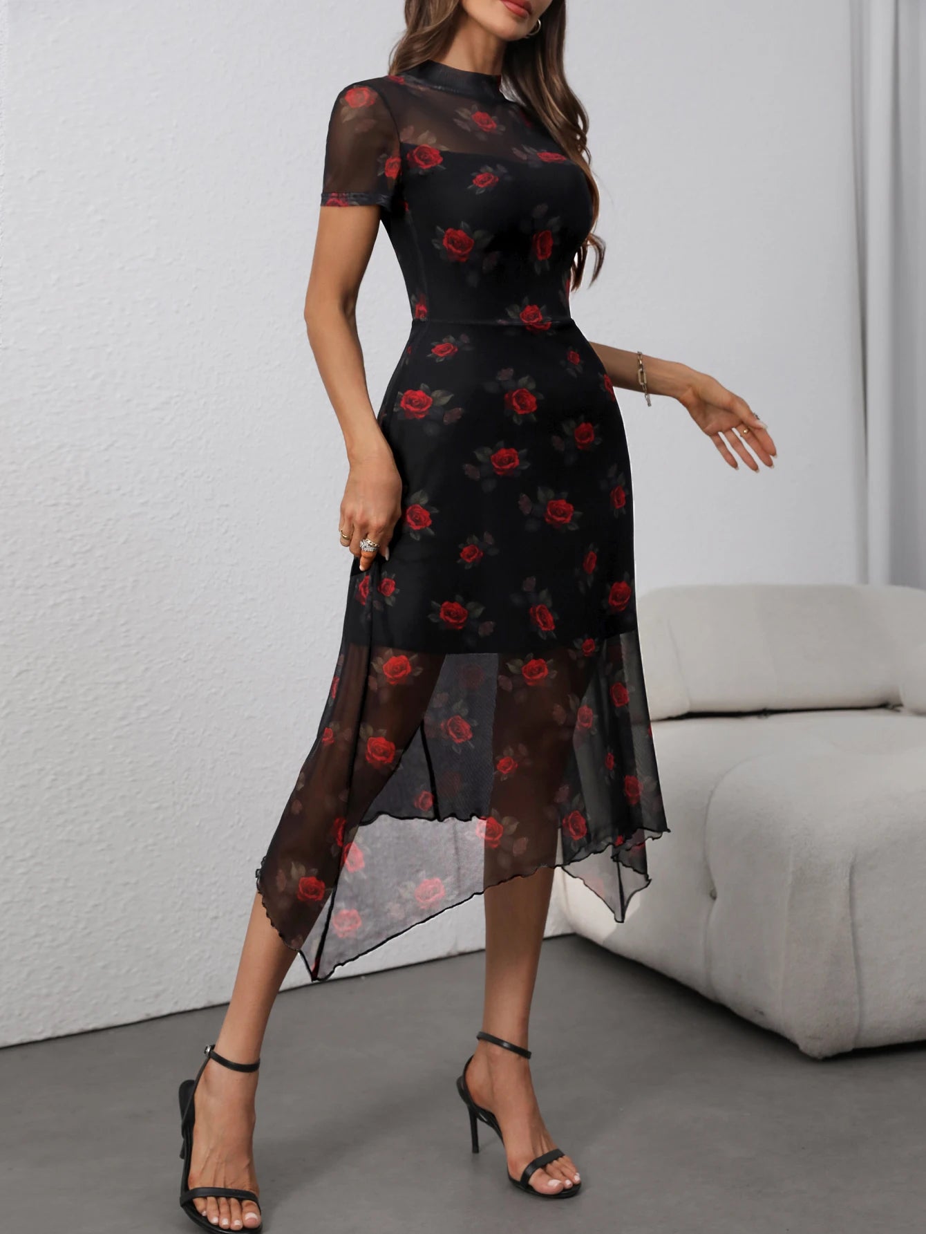 Gothic Dark Floral Mesh Patchwork Dress – Short Sleeve Double Layer Fairy Grunge Mid Dress