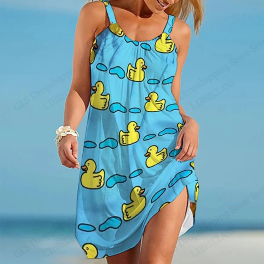 Hawaiian Beach Dress for Women – 3D Duck Print Summer Midi Strap Bohemian Sundress