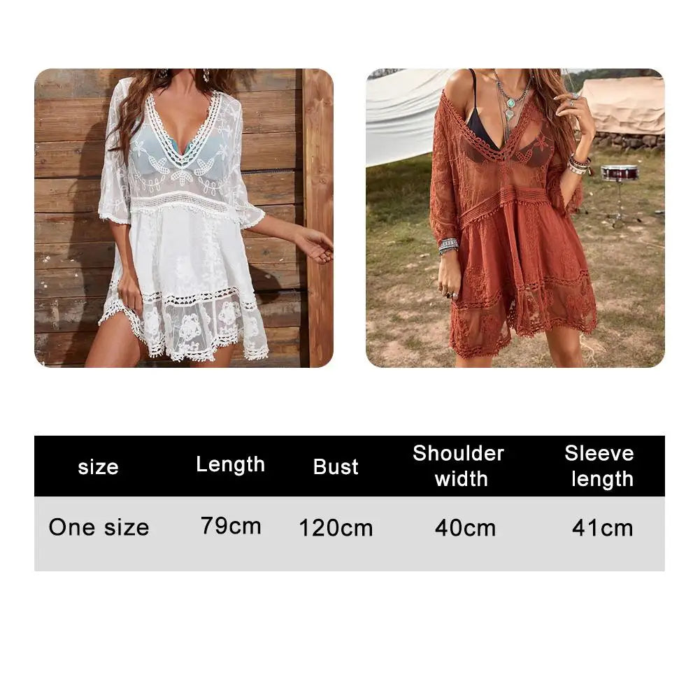Sexy Mesh Bikini Cover-Up – Women’s Deep V-Neck Lace Hollow Beach Dress