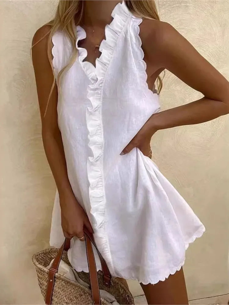 White Cotton Linen Mini Dress – Sleeveless V-Neck Ruffle Boho Summer Dress