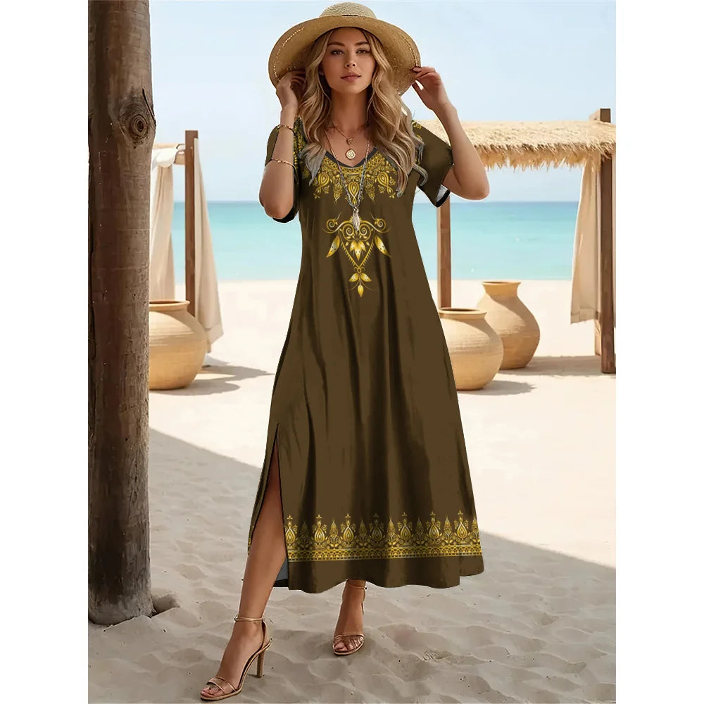 Robe longue fendue style bohème d'été – Robe pull à manches courtes et col en V pour femme