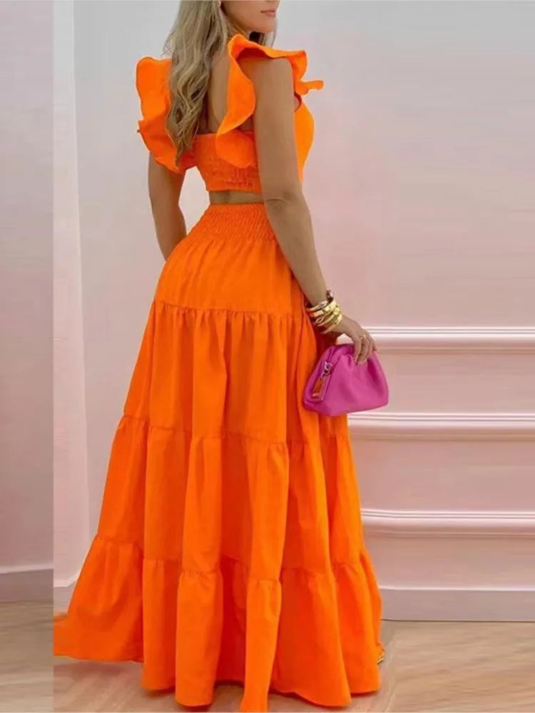 Summer 2-Piece Set – Sexy Solid Maxi Skirt & Loose Top Outfit for Women