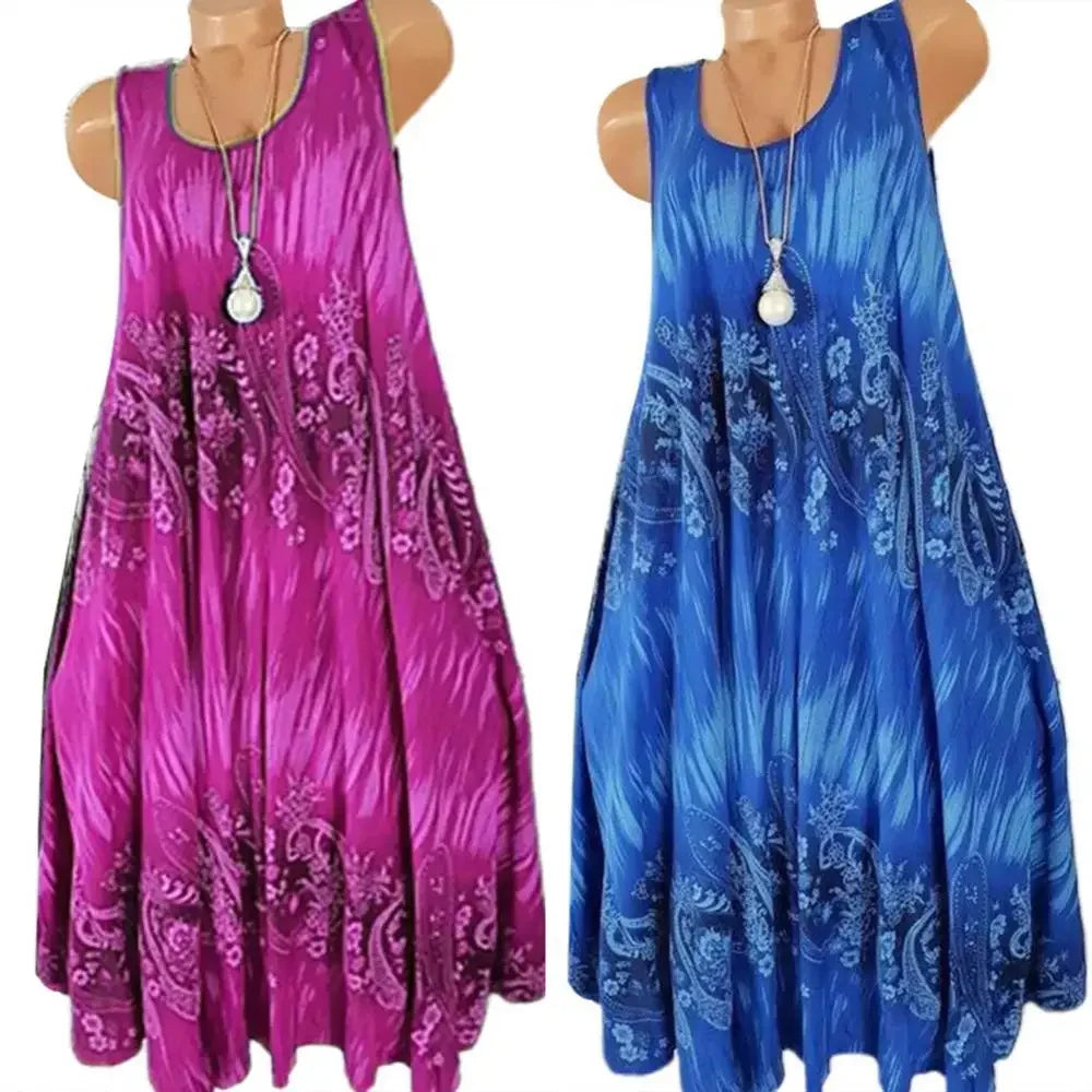 Women’s Summer Floral Pleated Dress – Round Neck Sleeveless Loose Plus Size Tank Dress