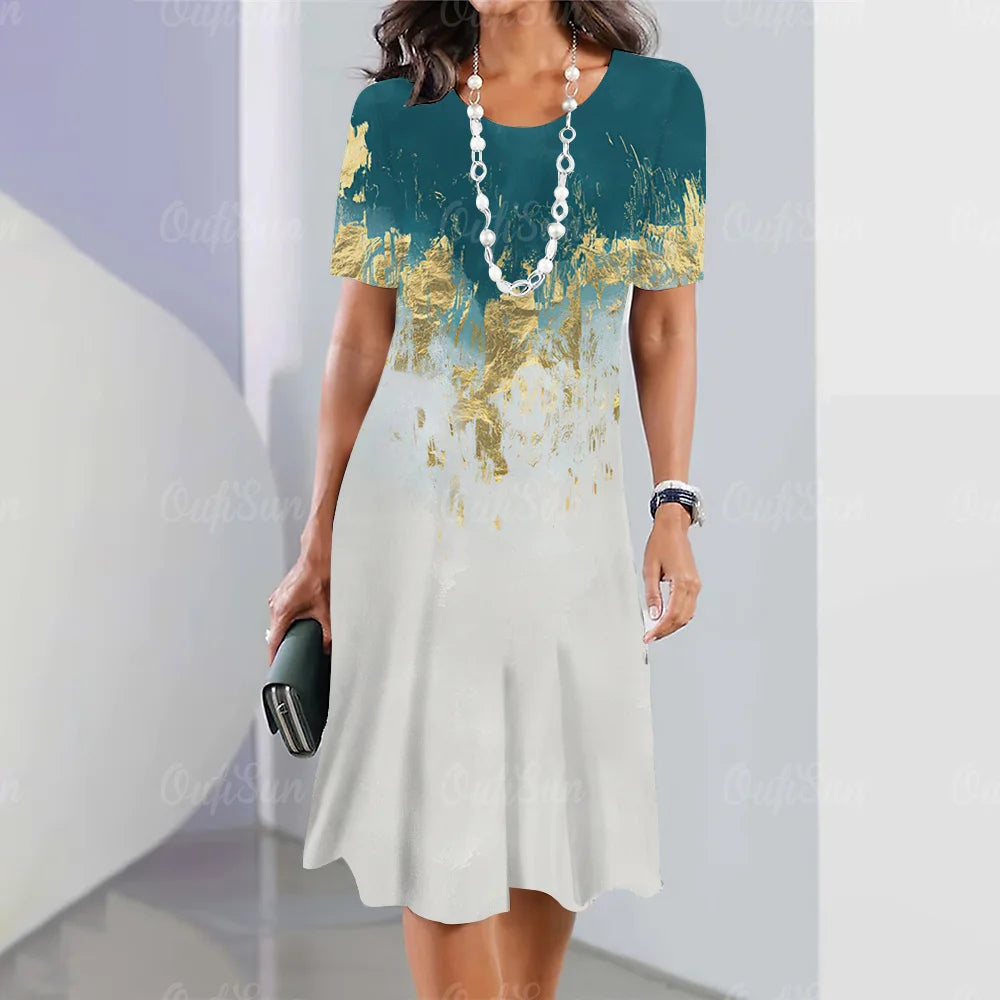 New Women’s Plus Size Midi Dress – Elegant Graphic Print Summer One-Piece