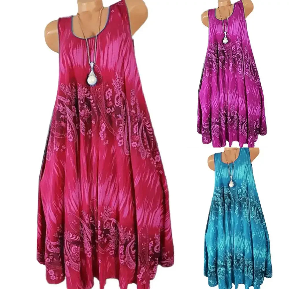 Women’s Summer Floral Pleated Dress – Round Neck Sleeveless Loose Plus Size Tank Dress