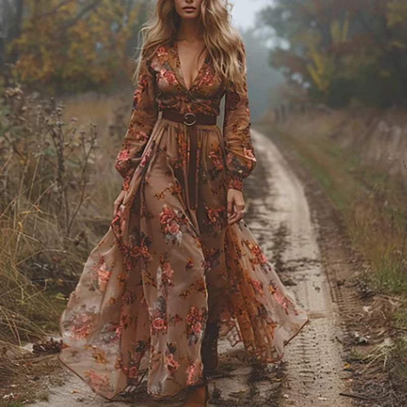 Vintage Pattern Long Sleeve V-Neck High Waist Pleated Dress – Bohemian Autumn Women’s Dress