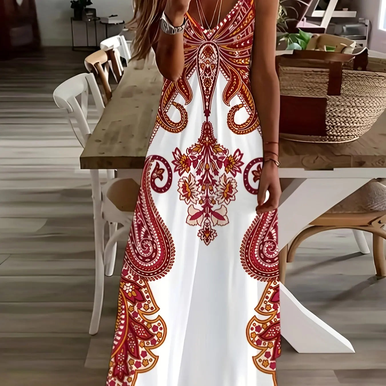 Retro Fishing Net Print Sleeveless Suspender Ankle-Length Dress