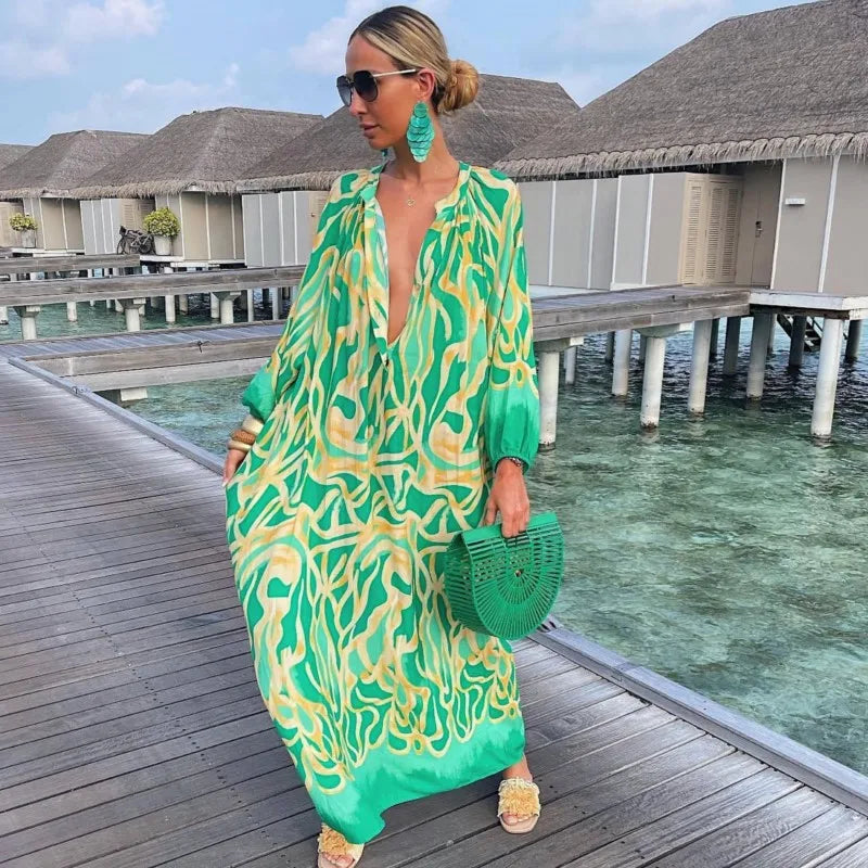 Robe longue élégante à col en V pour femme – Robe décontractée style bohème pour les vacances d'été