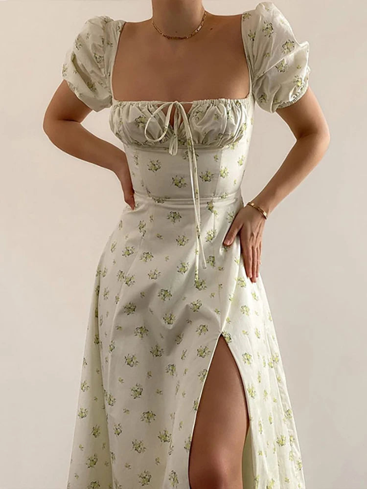 Summer Floral Puff Sleeve Dress – Elegant Long Dress for Women