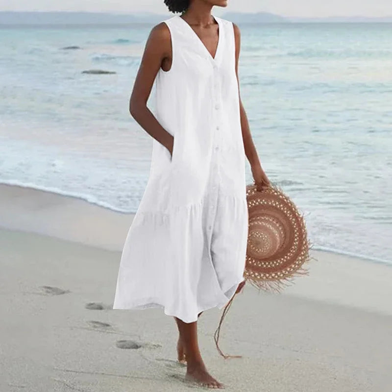 Summer Cotton Linen Patchwork Dress – V-Neck Sleeveless Midi with Pockets