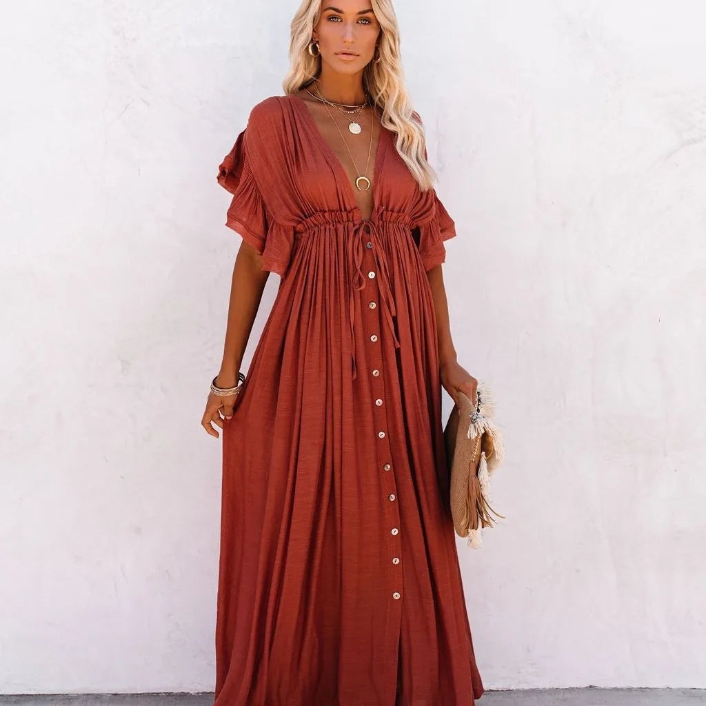 Summer Women’s V-Neck Kimono Bikini Cover-Up – Lace-Up Boho Beach Dress