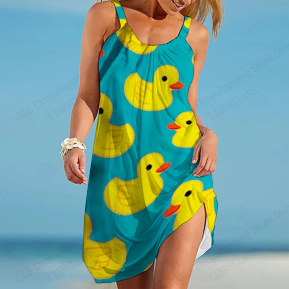 Hawaiian Beach Dress for Women – 3D Duck Print Summer Midi Strap Bohemian Sundress