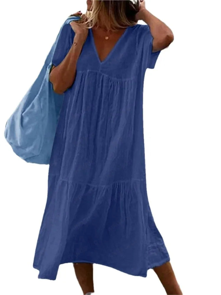 Solid Color Cotton Linen Midi Dress for Women – Casual V-Neck Short Sleeve Loose Fit