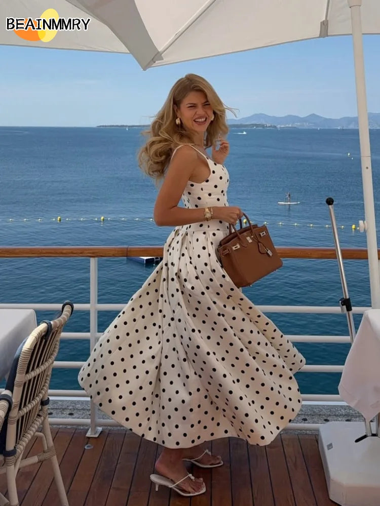 Polka Dot Maxi Dress – Elegant Square Neck Sleeveless High Waist Gown