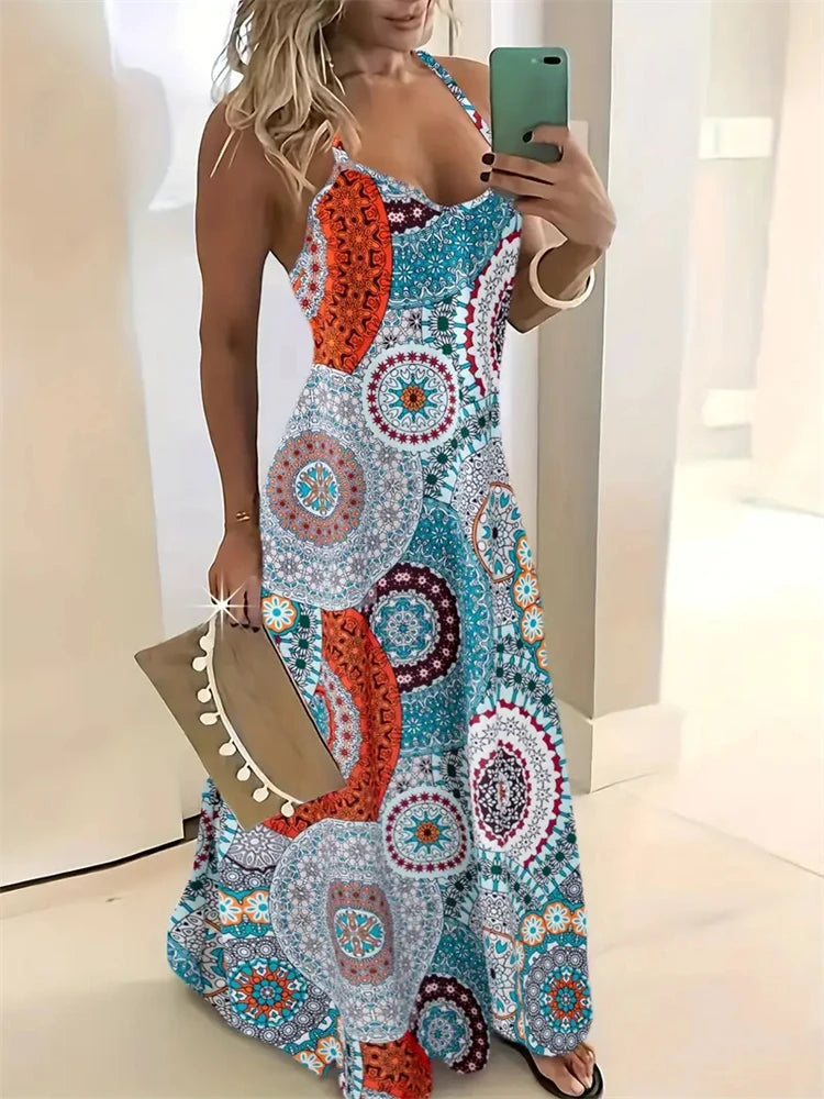 Women’s Summer Sleeveless Retro Strap Dress – Casual 3D Texture Print