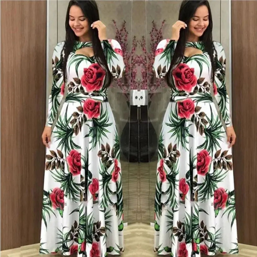 Robe à manches longues et imprimé floral pour femme, coupe ajustée et ajourée – Robe printemps-automne