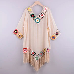Women’s Crochet Beach Cover-Up – Sexy Hollow Tunic with Fringe Detail