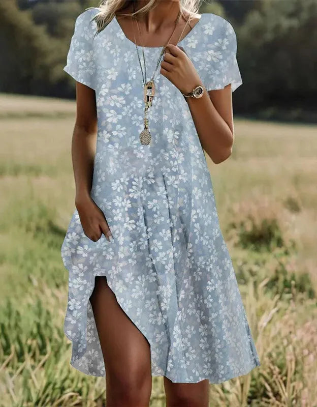 Bohemian Floral Print Dress for Women – Casual Short Sleeve O-Neck Summer Beach Holiday Dress