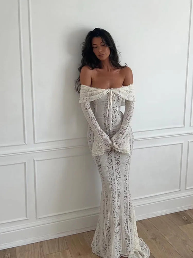 Chic One-Shoulder Lace Long Dress – Women’s Hollow Out Slim Fit Party Dress