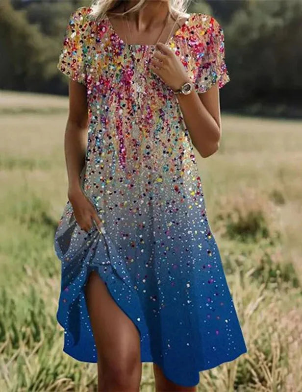 Bohemian Floral Print Dress for Women – Casual Short Sleeve O-Neck Summer Beach Holiday Dress
