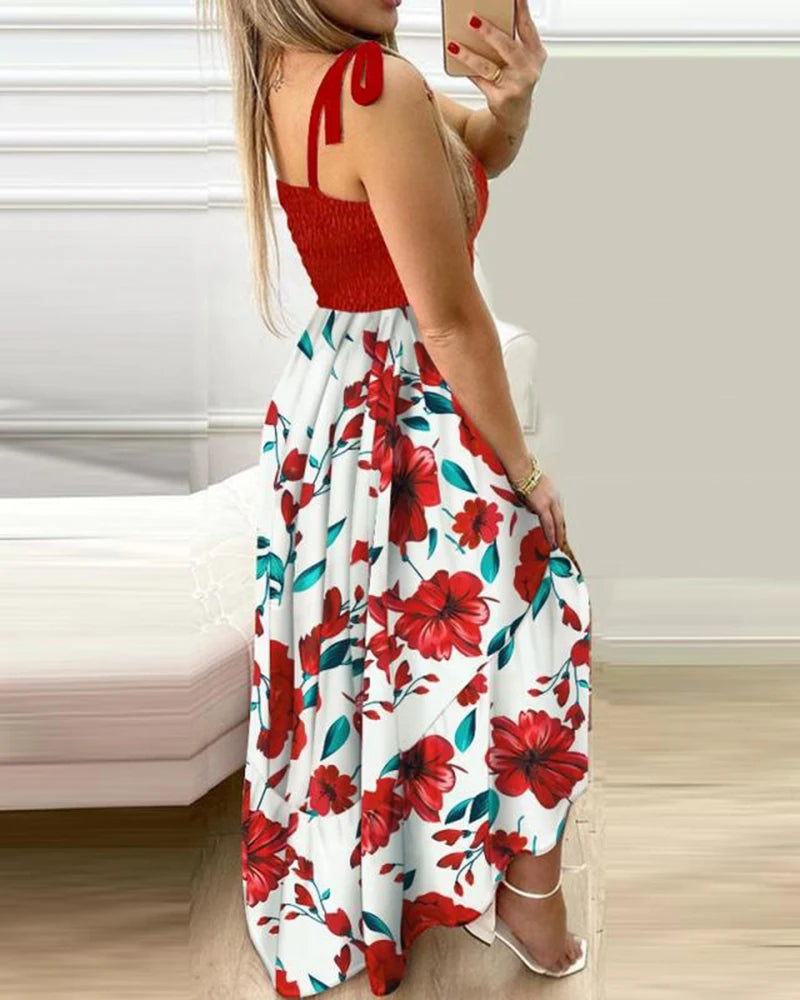 Robe longue d'été sexy à bretelles spaghetti et imprimé floral – Robe de plage élégante et décontractée pour les vacances