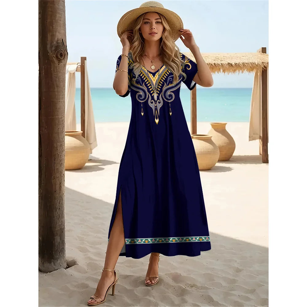Robe longue fendue style bohème d'été – Robe pull à manches courtes et col en V pour femme