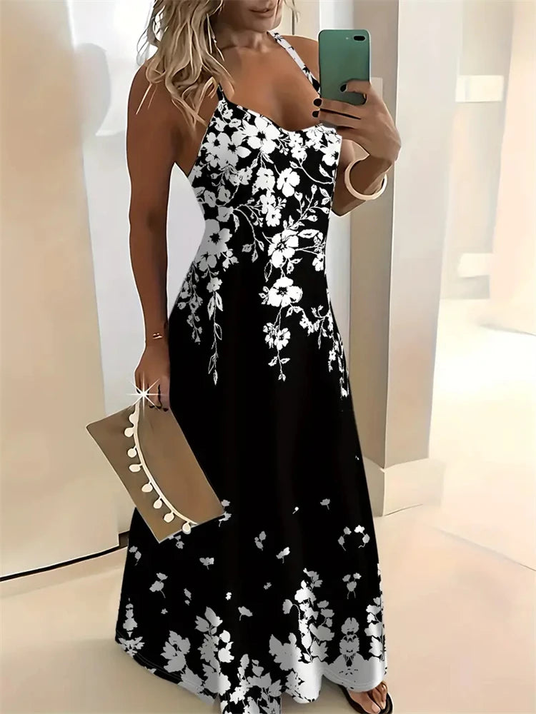Women’s Summer Sleeveless Retro Strap Dress – Casual 3D Texture Print