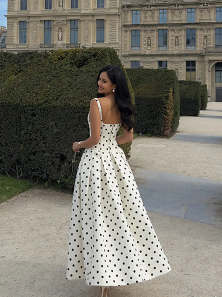 Polka Dot Maxi Dress – Elegant Square Neck Sleeveless High Waist Gown
