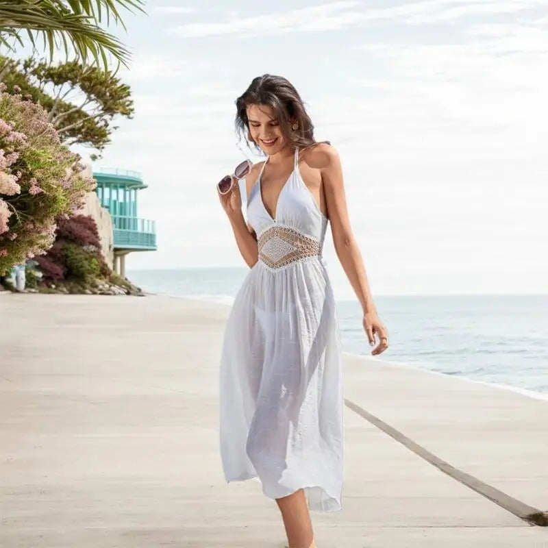 Elegant White Beach Cover Up – Sleeveless Sun Protection Dress for Women