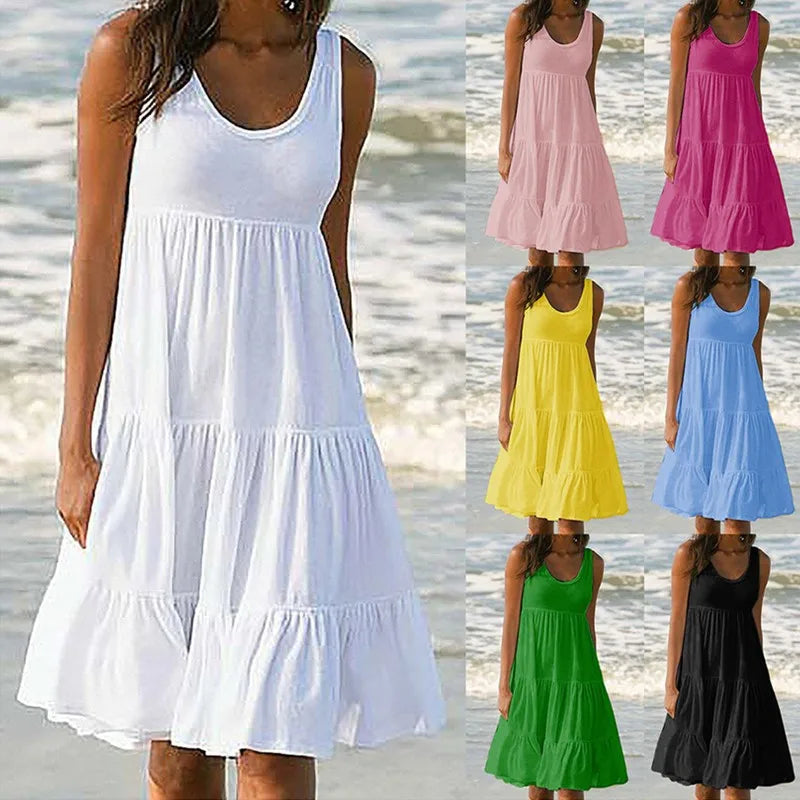 Women’s Casual O-Neck Sleeveless Ruffle Mini Dress – Boho Solid Beach Sundress