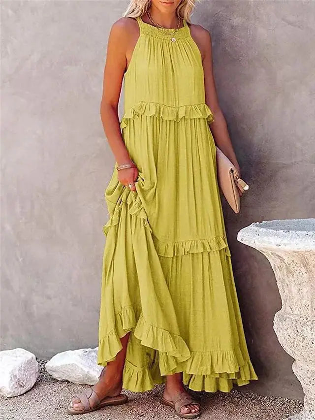 Robe longue dos nu à col licou – Robe de plage à volants et lacets pour femme