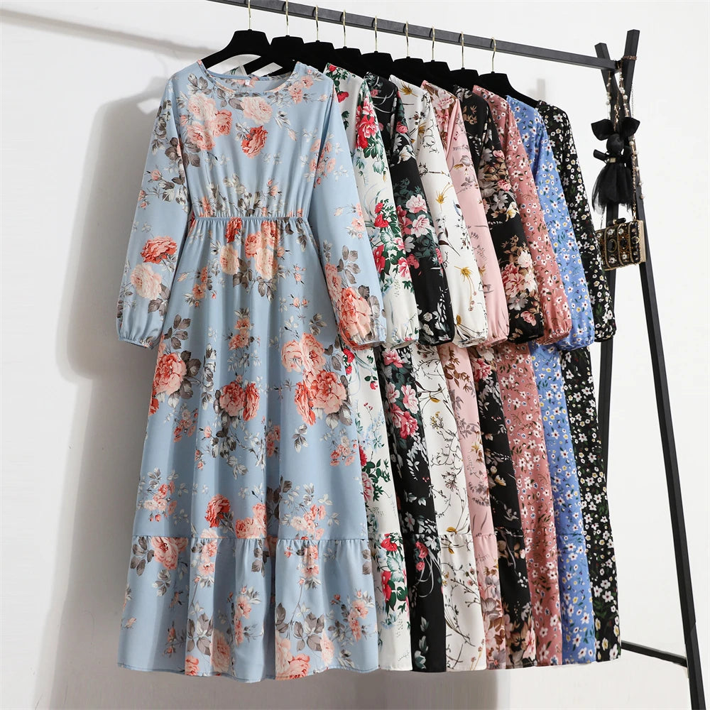 Spring Summer Women’s Floral Maxi Dress – Casual Full Sleeve Boho Beach Party Dress