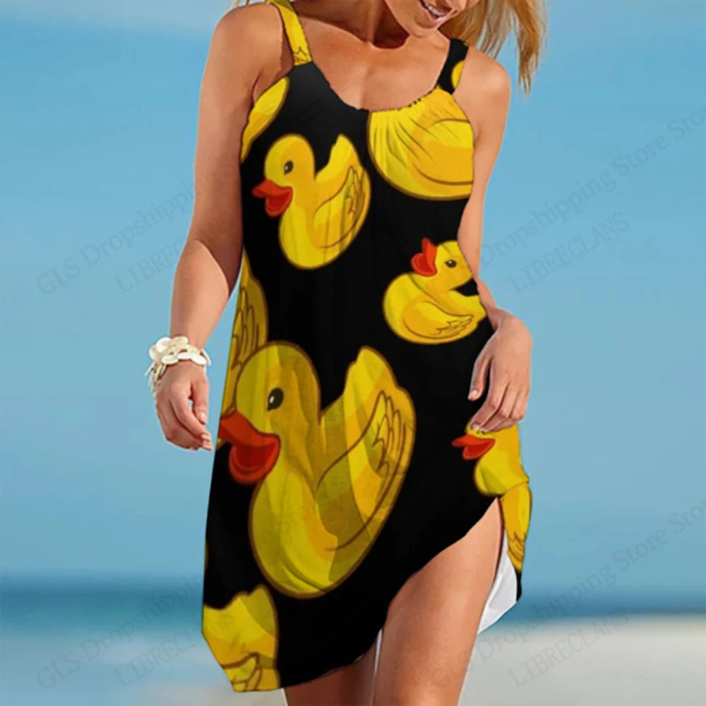 Hawaiian Beach Dress for Women – 3D Duck Print Summer Midi Strap Bohemian Sundress