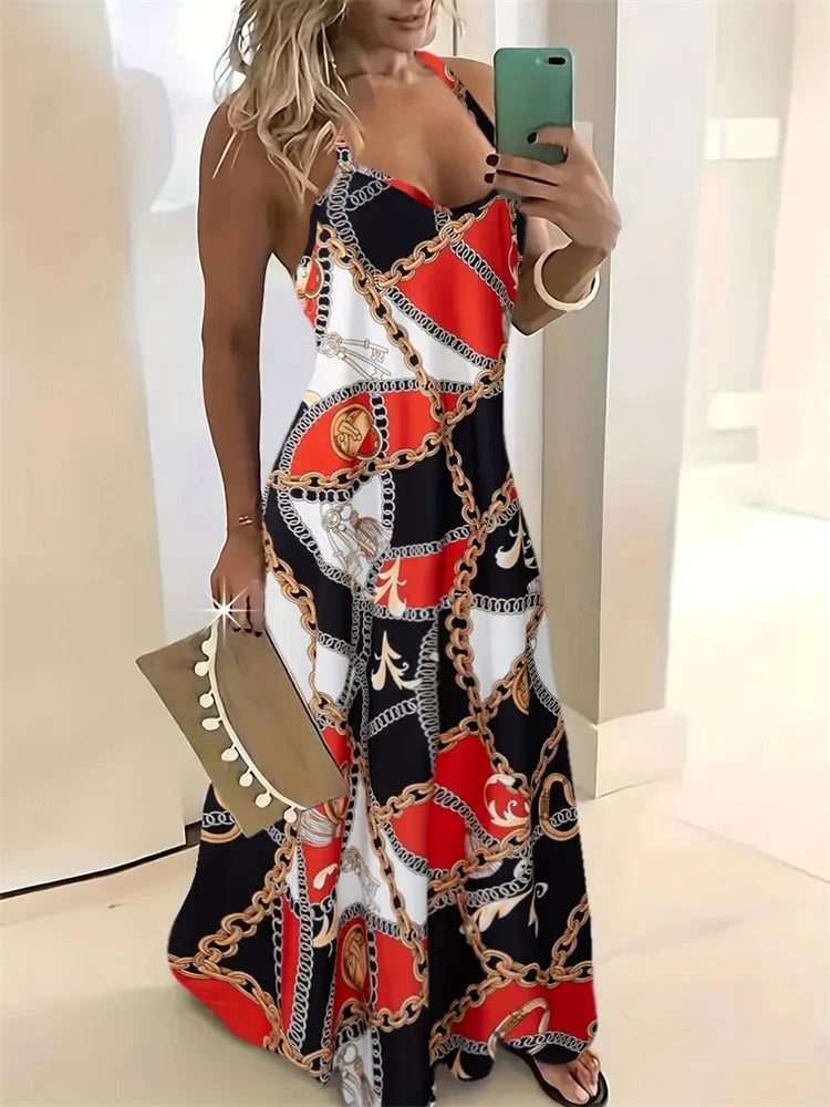 Women’s Summer Sleeveless Retro Strap Dress – Casual 3D Texture Print