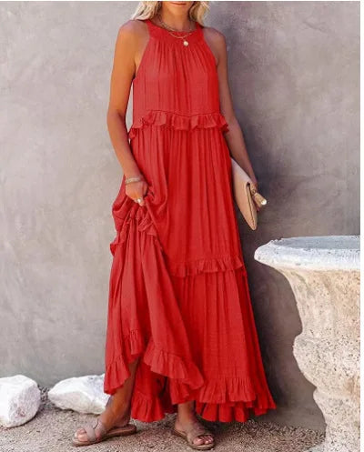 Robe longue dos nu à col licou – Robe de plage à volants et lacets pour femme