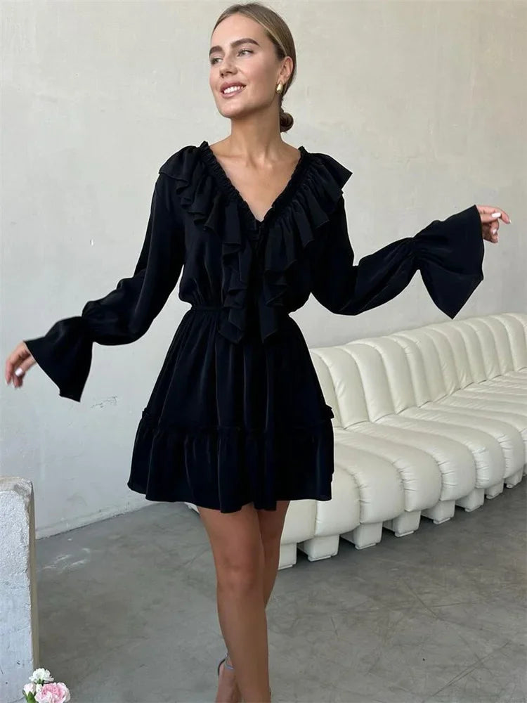 Talenza White Ruffle Bandage Mini Dress – Elegant V-Neck Lace-Up Long Sleeve Dress