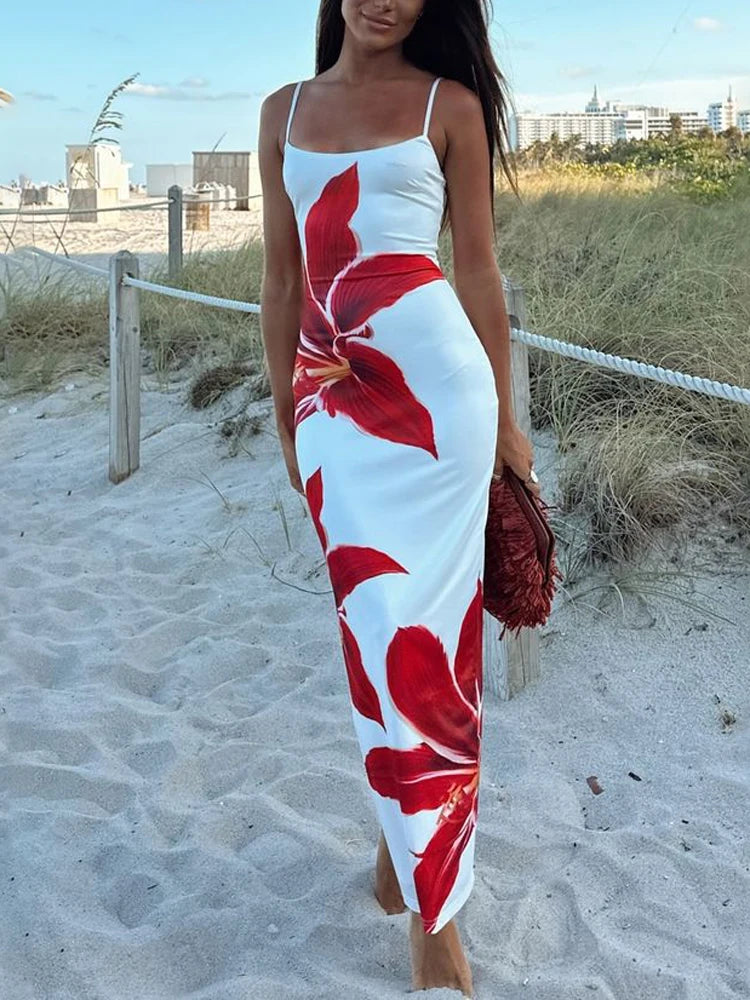 Robe longue imprimée d'été Tossy pour femme – Dos nu, taille haute, fines bretelles
