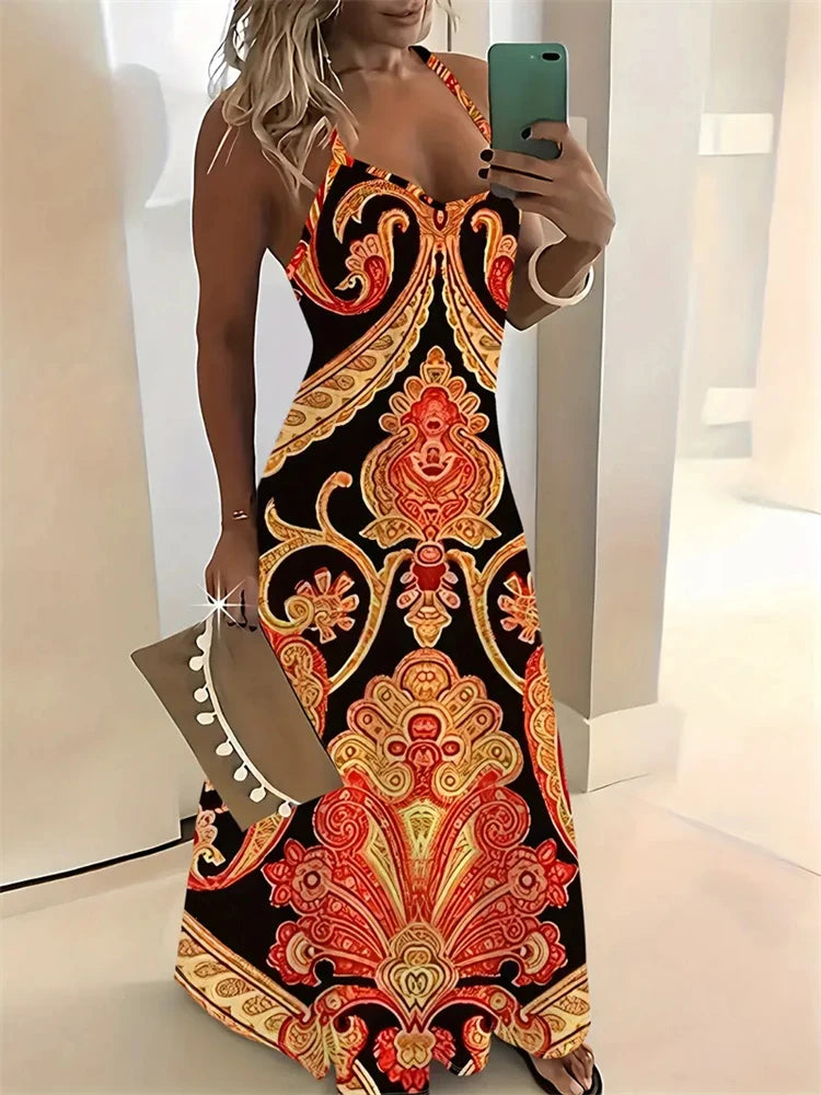 Women’s Summer Sleeveless Retro Strap Dress – Casual 3D Texture Print