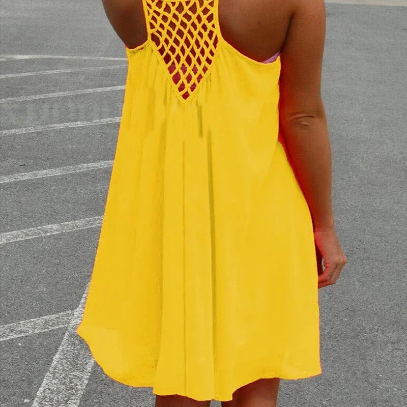 Loose Casual Summer Mini Dress – Sleeveless Spaghetti Strap Hollow-Out Bodycon