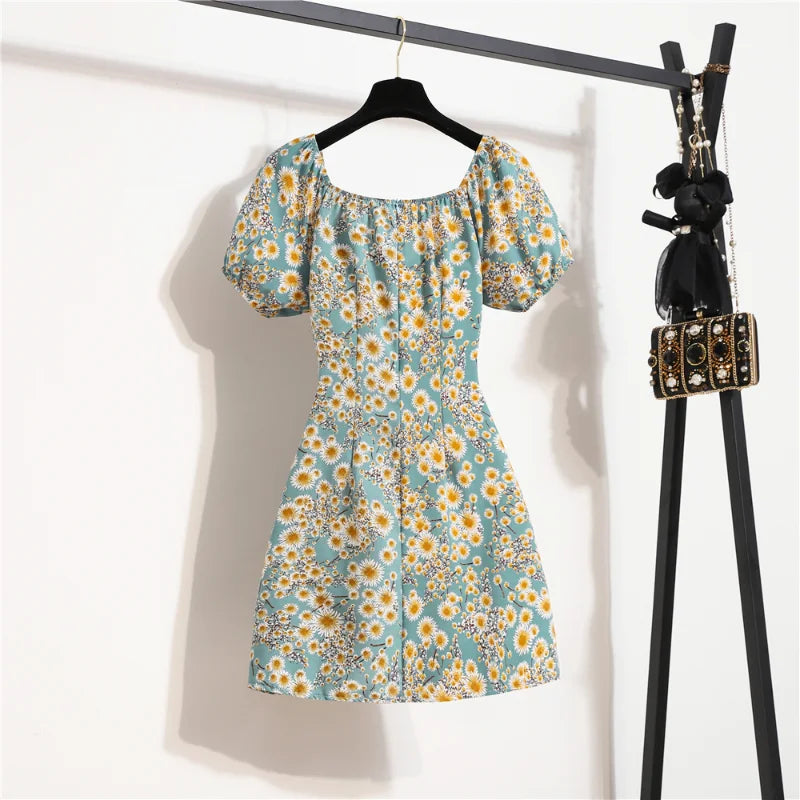 Women’s Summer Mini Dress – Floral Print Chiffon Shirring Pleated Puffy Sleeve Dress