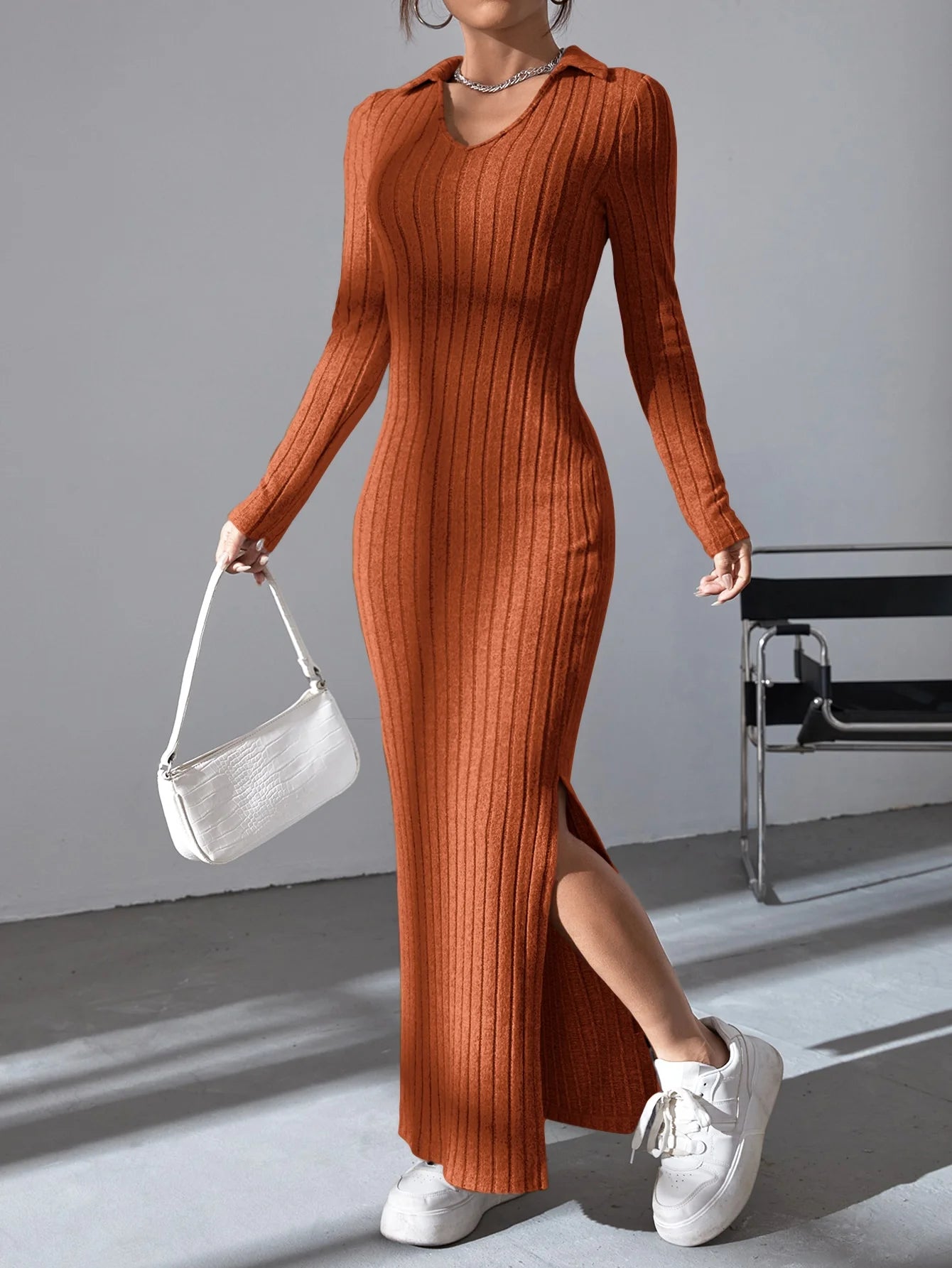 Sexy Knit V-Neck Sweater Dress – Women’s Long Sleeve Slim Fit Split Hem Dress