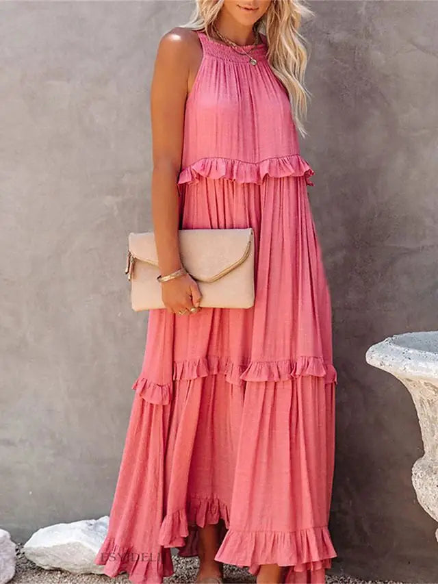 Robe longue dos nu à col licou – Robe de plage à volants et lacets pour femme