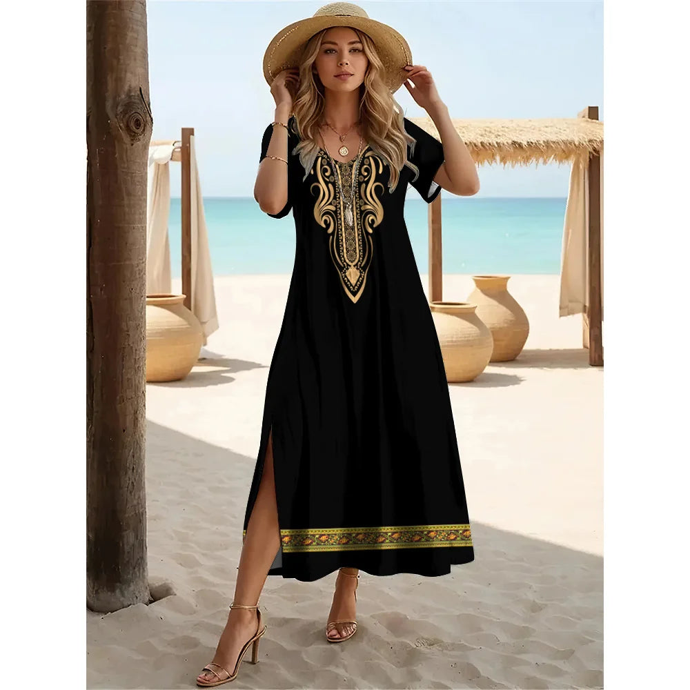 Robe longue fendue style bohème d'été – Robe pull à manches courtes et col en V pour femme