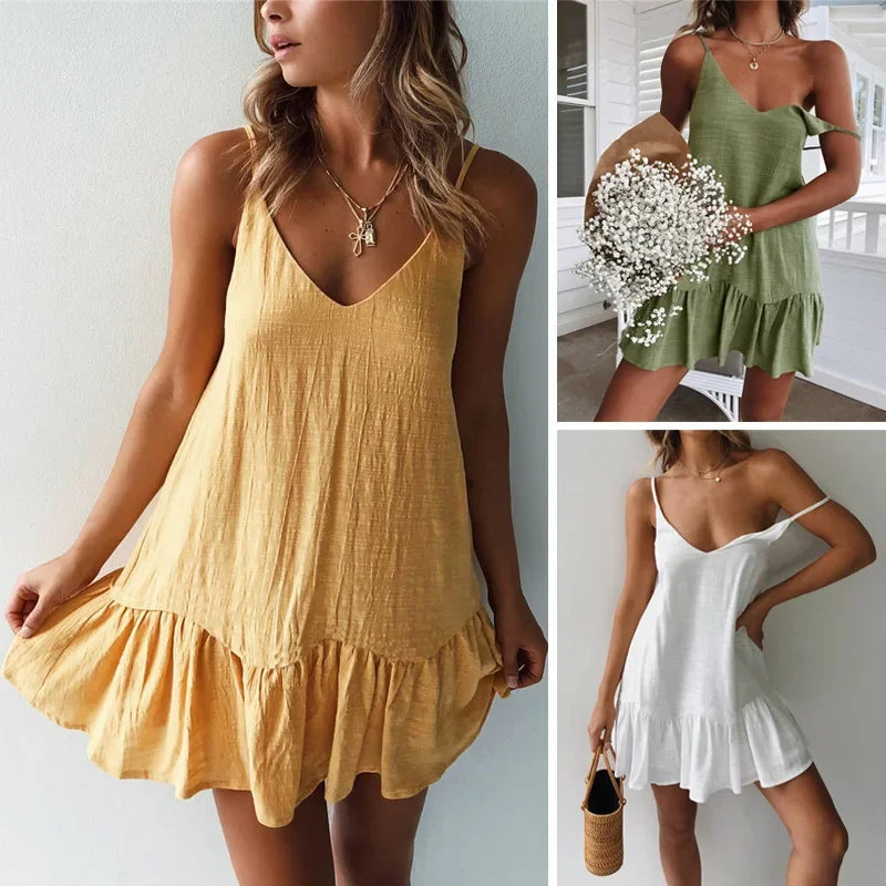 Robe mini sexy à volants et bretelles spaghetti pour femme