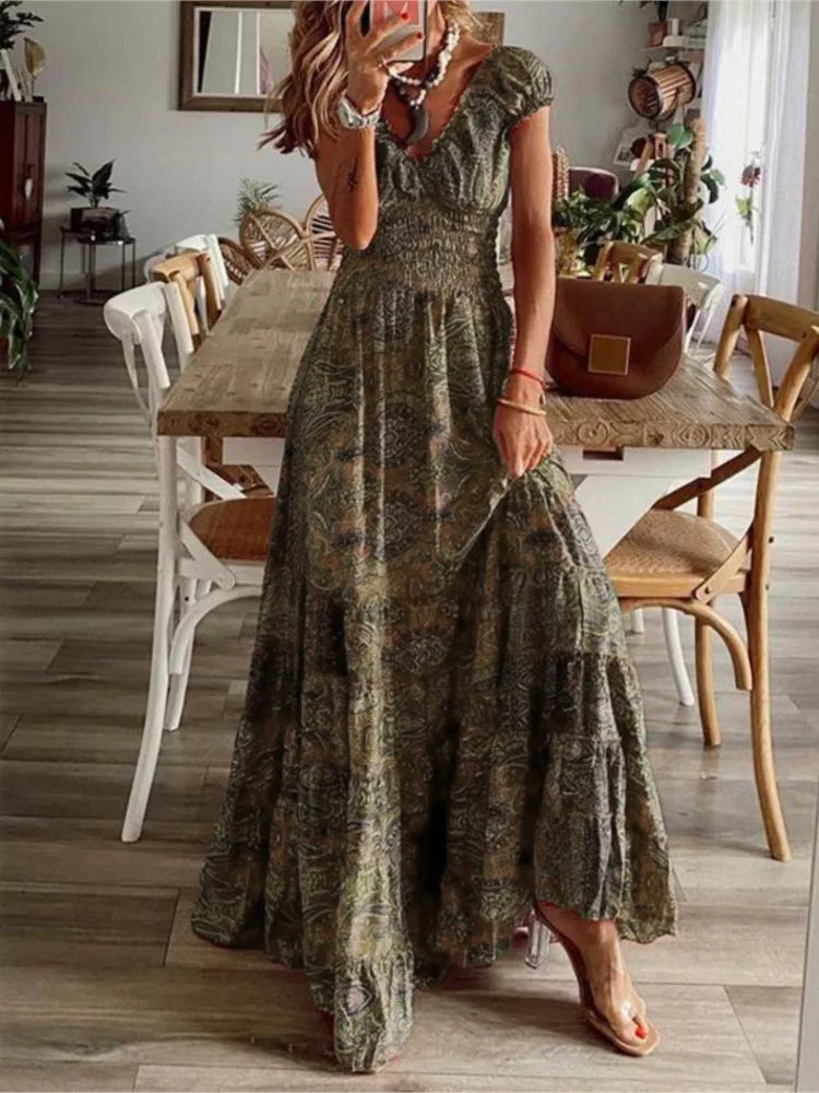 Summer Ethnic Printed A-Line Dress – Floral Petal Sleeves & Waist Detail