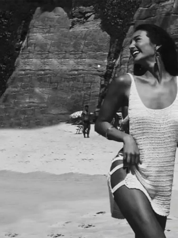 U-Neck Striped Knit Mini Dress – Sexy Sleeveless Cut-Out Beach Cover Up