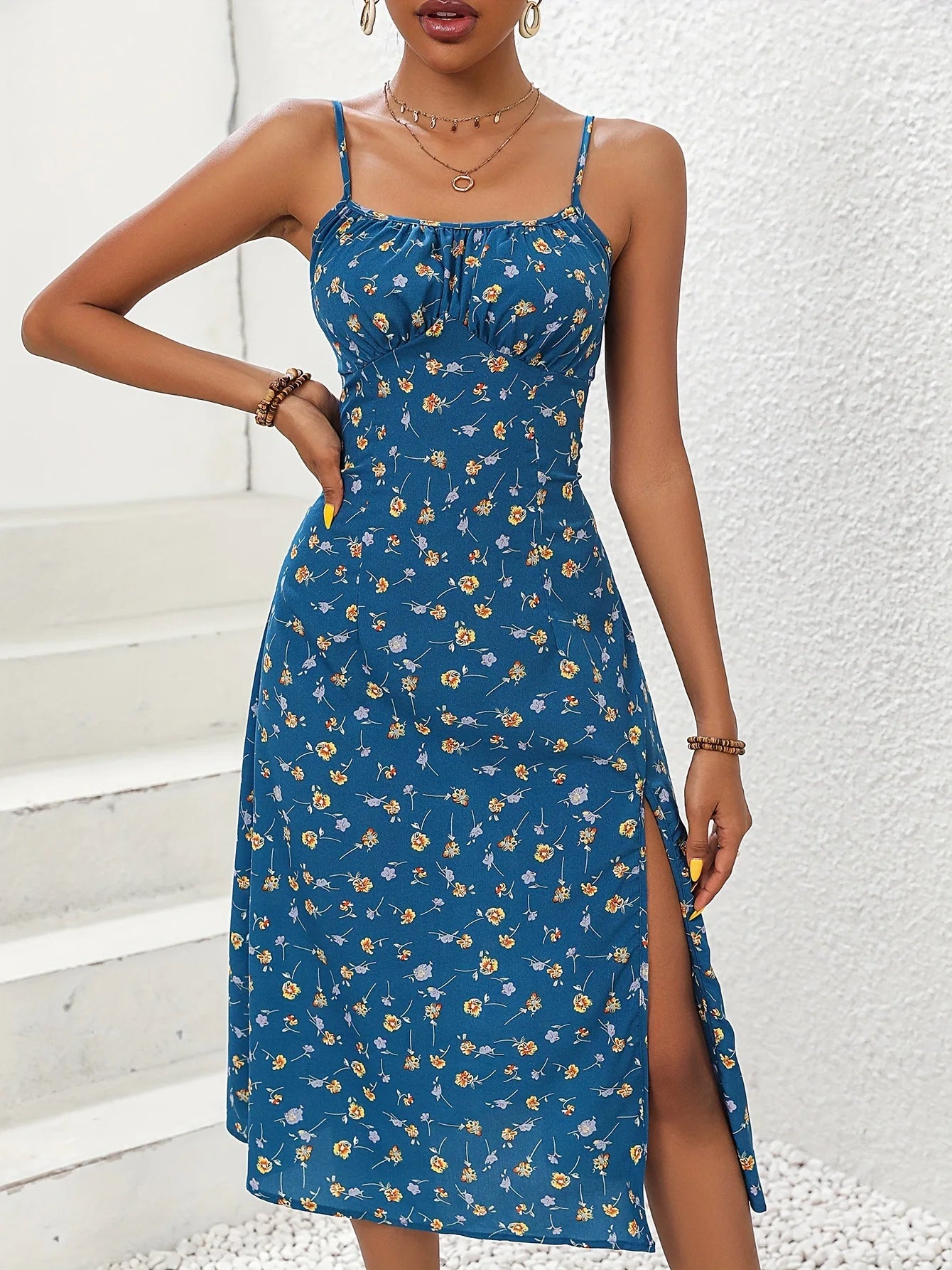 Robe mi-longue d'été à pois – Robe de plage sexy sans manches à bretelles spaghetti pour femme